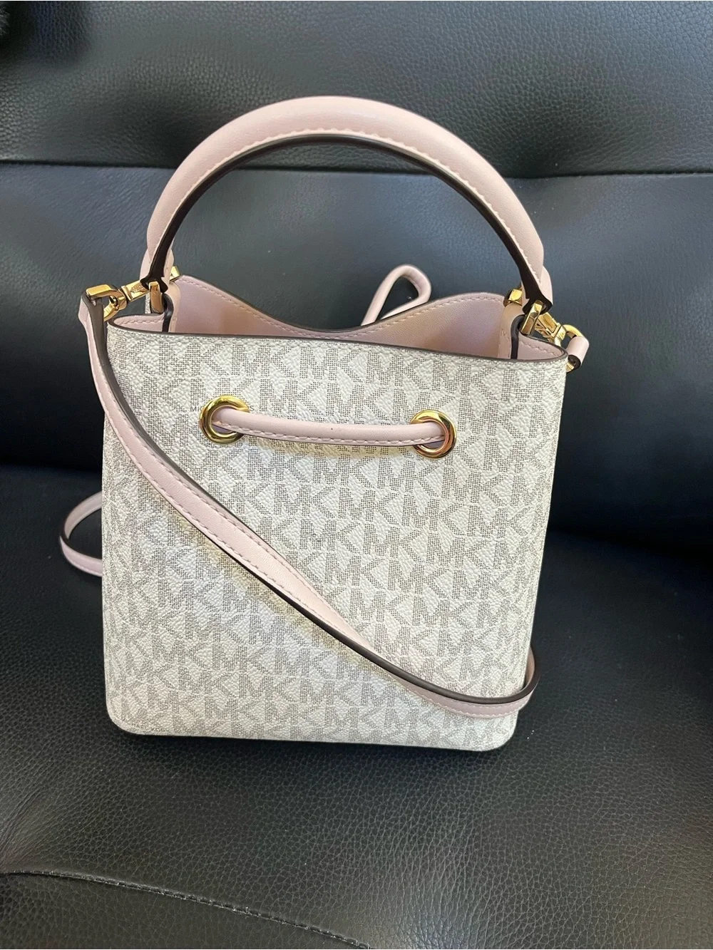 Michael Kors Pale Pink and Signature Monogram Bucket Shoulder Bag